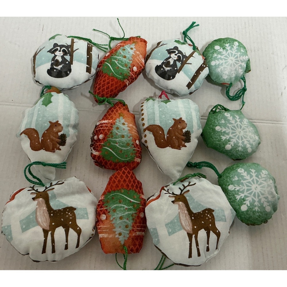 Woodland Animal Fabric Christmas Ornaments Set 11pc Reindeer Squirrel Raccoon
